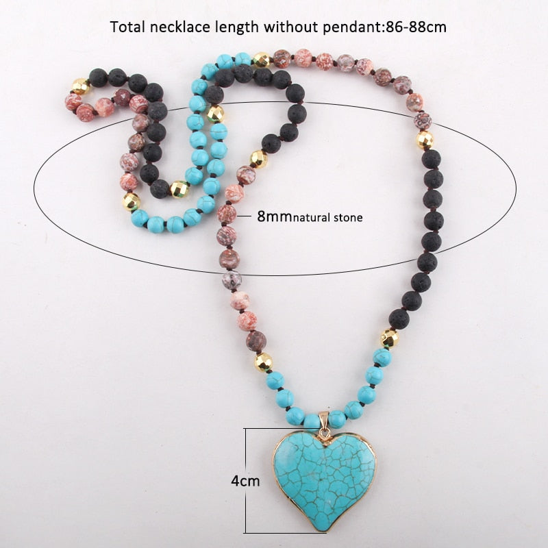 RH Fashion Bohemian Jewelry Accessory 8mm Blue Stones Knotted With Stone Heart Pendant Necklaces For Women Boho Necklace