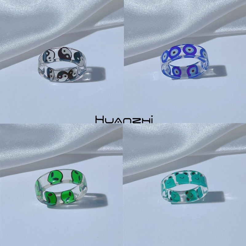 HUANZHI 2021 New Cute Vintage Green Frog Mushroom Alien Yin Yang Blue Eyes Resin Rings Fashion for Women Summer Jewelry Gifts
