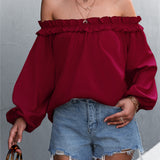 Frill Trim Off-Shoulder Balloon Sleeve Top