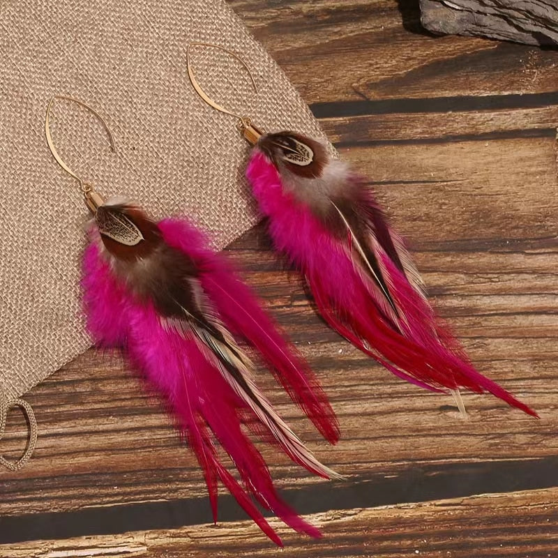 Handmade Natural Feather Drop Earrings Vintage Boho Multicolor Pheasant Feather Earrings WomenWinter Party Boho StyleWoman Earri