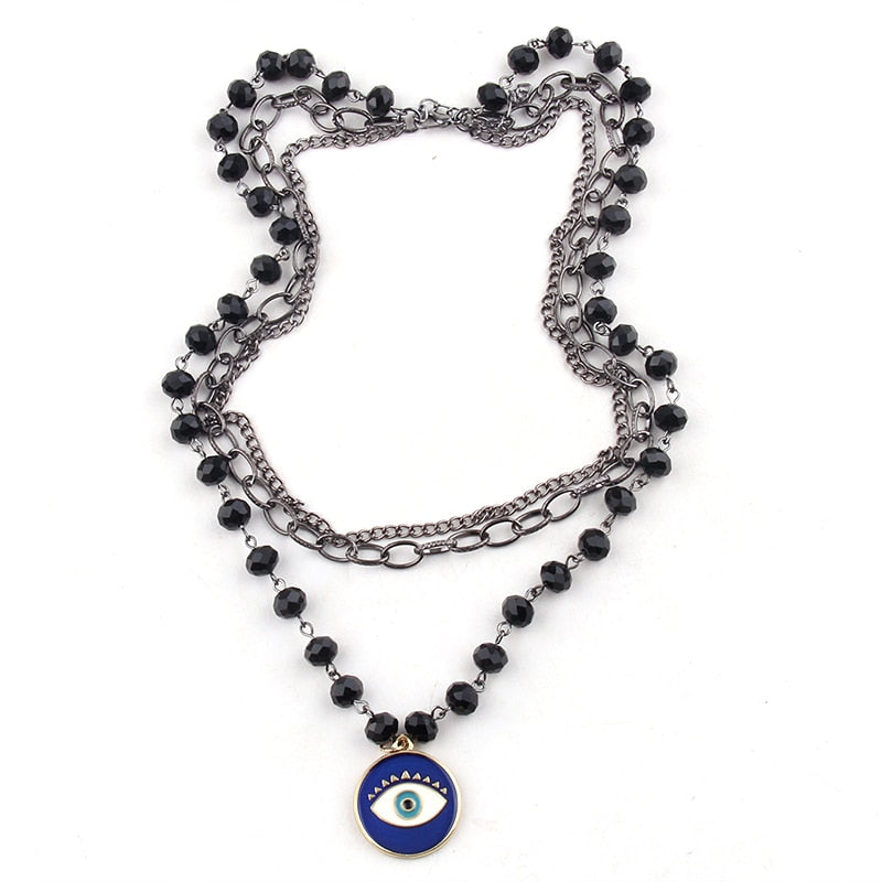 Fashion Bohemian Tribal Jewelry 3 Layer Multiple Black Glass Crystal Rosary Link &amp; Chain Cross Pendant Necklaces