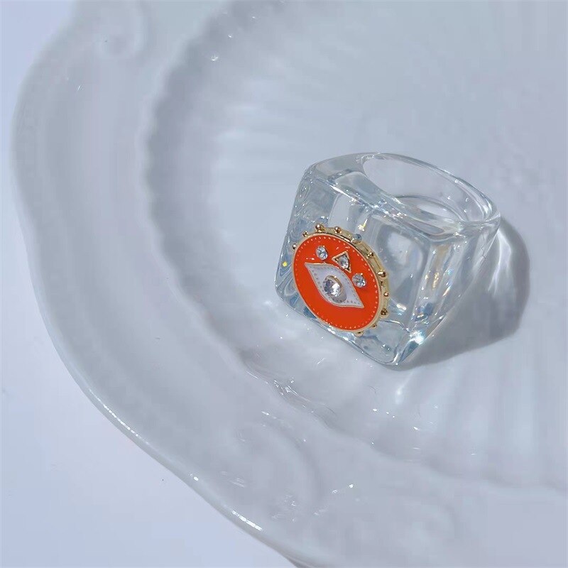 HUANZHI 2021 New Summer Korean Devil&#39;s Eye Blue Transparent Resin Round Rings  for Women Girls Party Jewelry Gifts