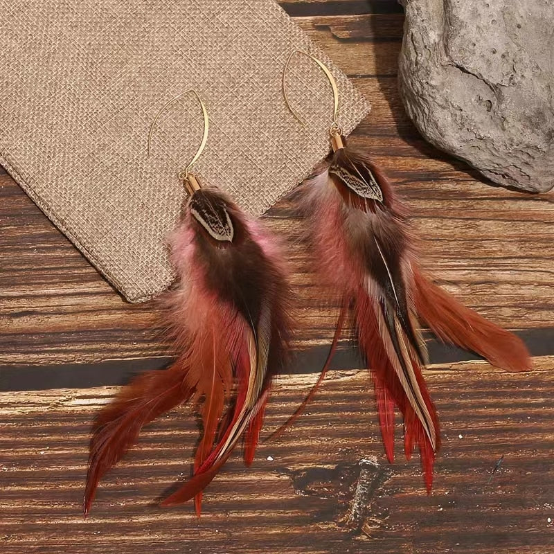 Handmade Natural Feather Drop Earrings Vintage Boho Multicolor Pheasant Feather Earrings WomenWinter Party Boho StyleWoman Earri