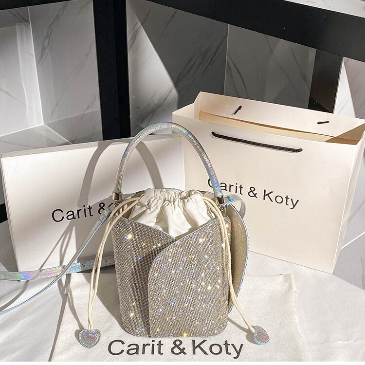 Women Full Diamond Rhinestone Bucket Handbag Shoulder Crossbody Bag Ladies Shiny Crystal Clutch Purse For Party Evening Bag