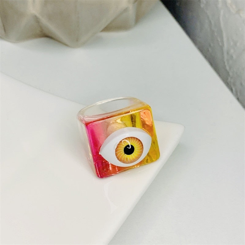 HUANZHI 2021 New Alloy Drop Oil Eye Patch Resin Acrylic Gradient Colorful Geometric Square Rings for Women Girls Jewelry Gifts
