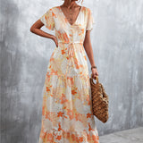 Floral Buttoned Drawstring Waist Tiered Maxi Dress