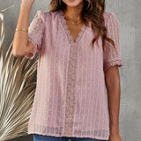 Swiss Dot Lace Trim Plunge Blouse