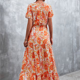 Floral Buttoned Drawstring Waist Tiered Maxi Dress