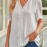 Swiss Dot Lace Trim Plunge Blouse