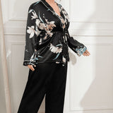 Curvy Line- Floral Belted Robe and Pants Pajama Set