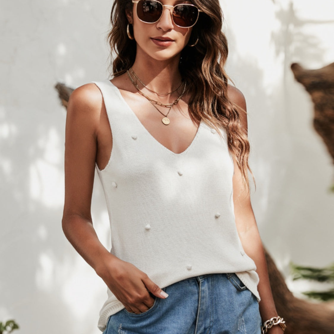 White V-Neck Knit Vest
