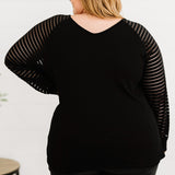 Curvy Line- Sheer Striped Sleeve V-Neck Top