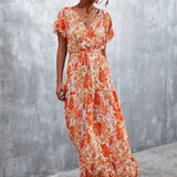 Floral Buttoned Drawstring Waist Tiered Maxi Dress