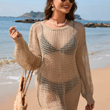 Backless Boat Neck Long Sleeve Swimsuit Cover Up