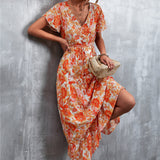 Floral Buttoned Drawstring Waist Tiered Maxi Dress