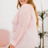 Curvy Line- Sheer Striped Sleeve V-Neck Top