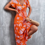 Floral Buttoned Drawstring Waist Tiered Maxi Dress