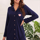 Heart Graphic Lapel Collar Night Shirt Dress