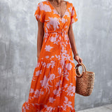 Floral Buttoned Drawstring Waist Tiered Maxi Dress