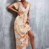 Floral Buttoned Drawstring Waist Tiered Maxi Dress