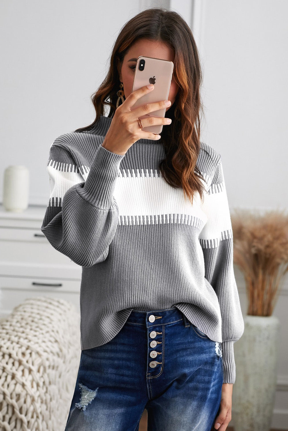 Color Block High Neck Lantern Sleeve Pullover Sweater