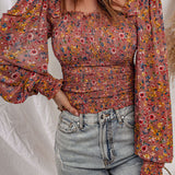 Floral Smocked Lantern Sleeve Blouse