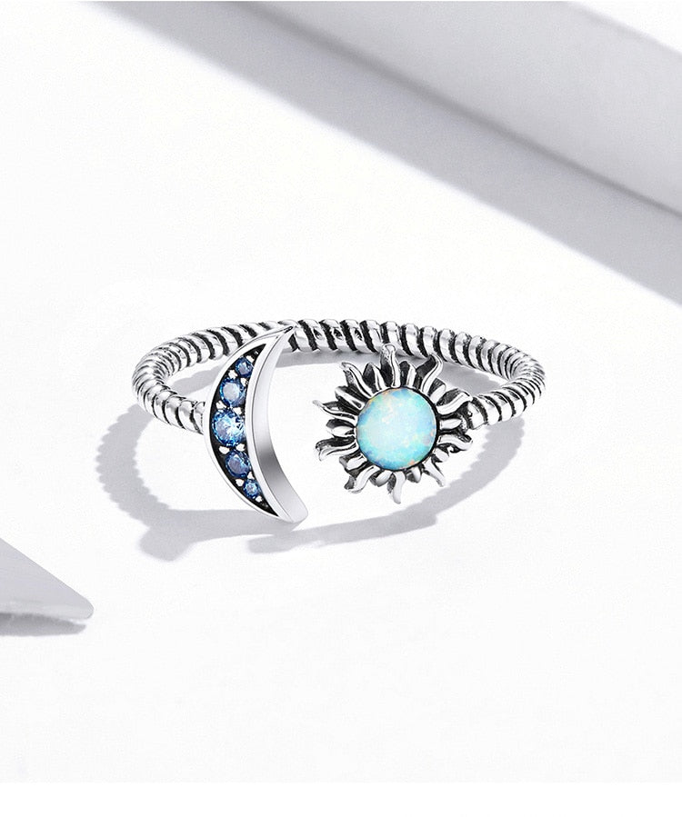 Sterling Silver Shining Sun & Moon Opal Ring